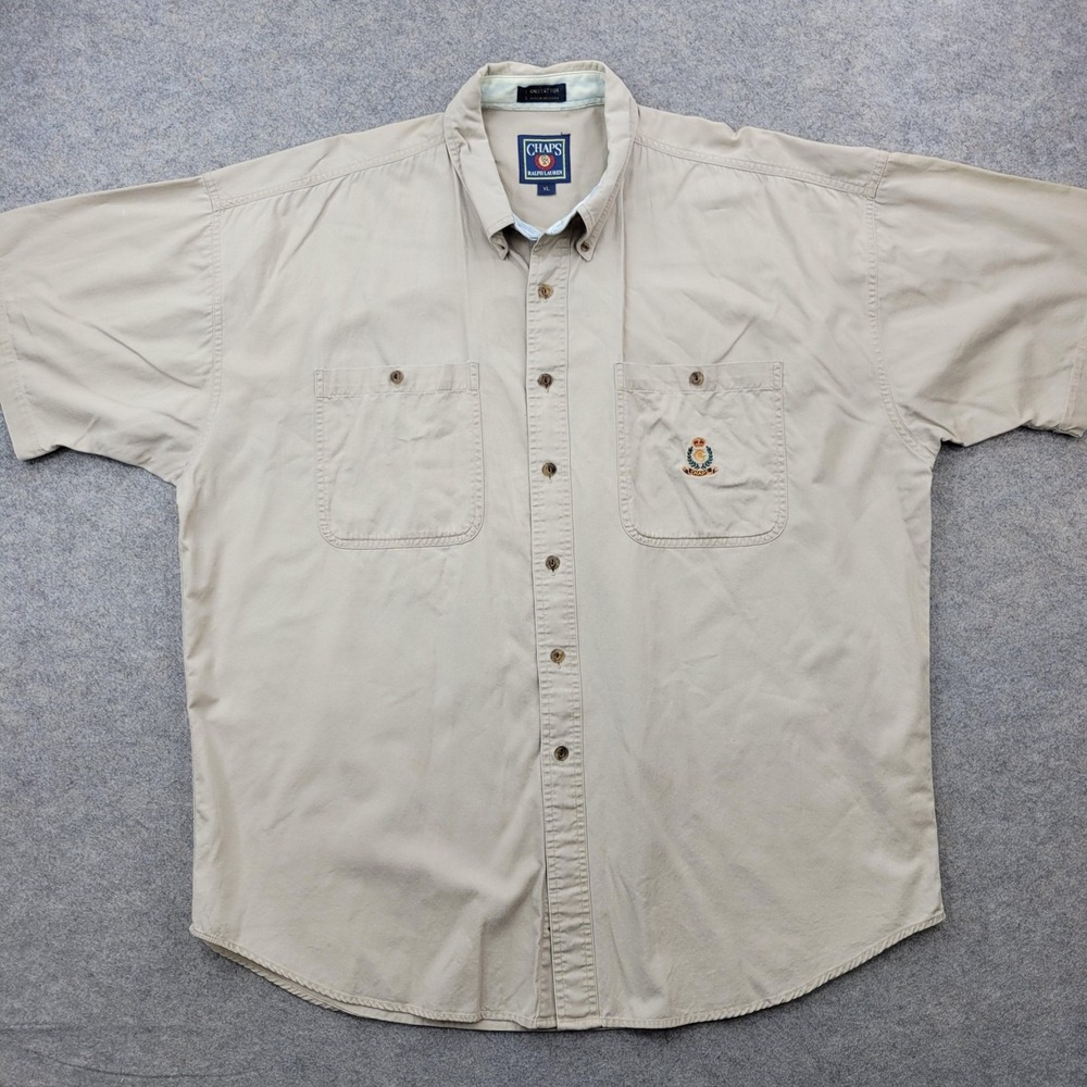 Chaps Ralph Lauren Shirt Mens XL Beige Cotton Button Front Short Sleeve Casual*